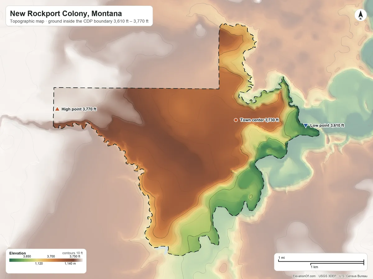 Topographic elevation map of New Rockport Colony, Montana, shaded from 3,610 ft on the east side to 3,770 ft on the west side