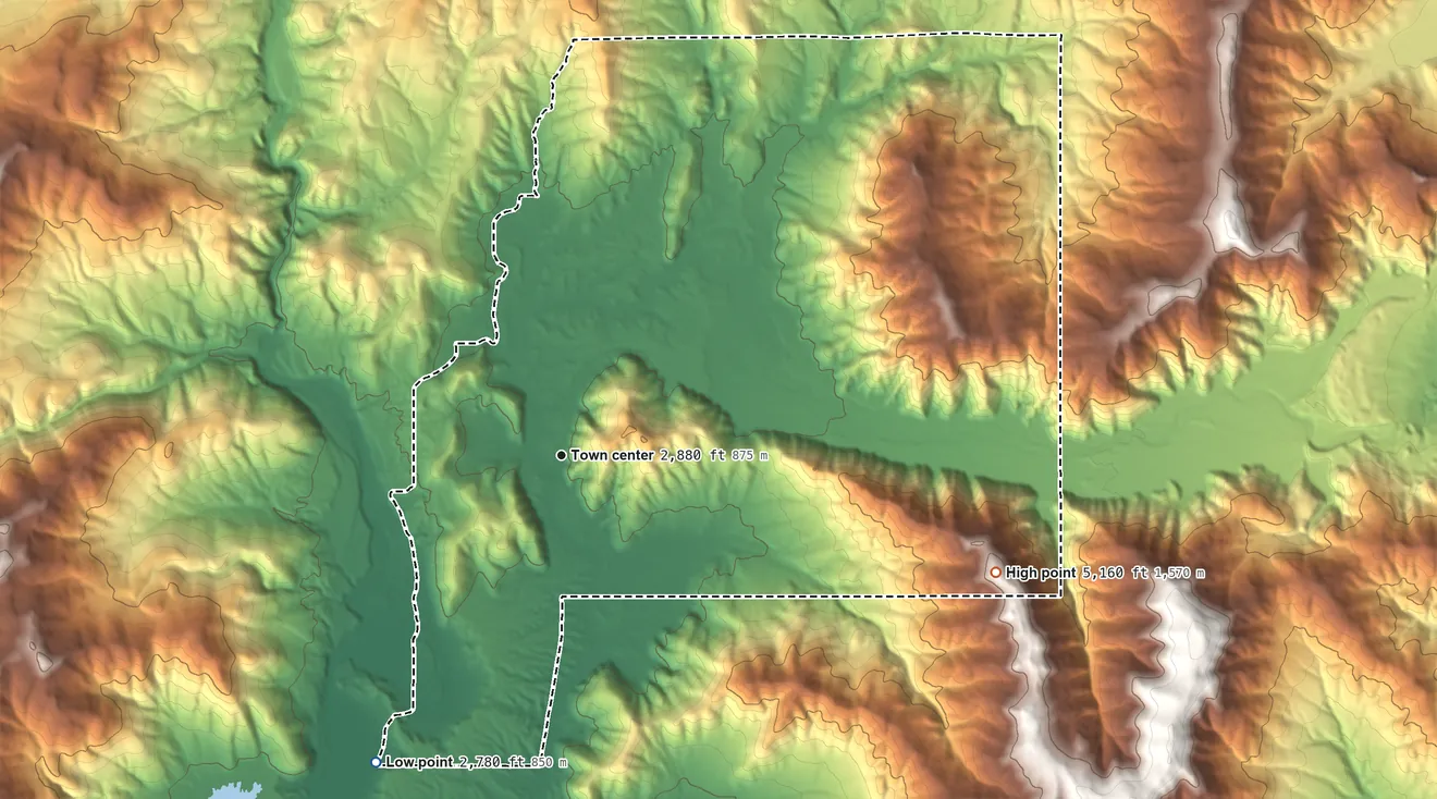 Topographic elevation map of Niarada, Montana, shaded from 2,780 ft on the southwest side to 5,160 ft on the east side