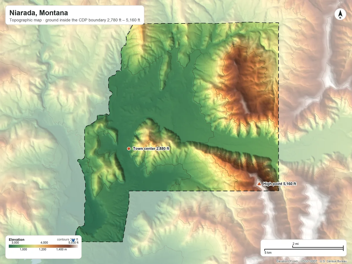 Topographic elevation map of Niarada, Montana, shaded from 2,780 ft on the southwest side to 5,160 ft on the east side