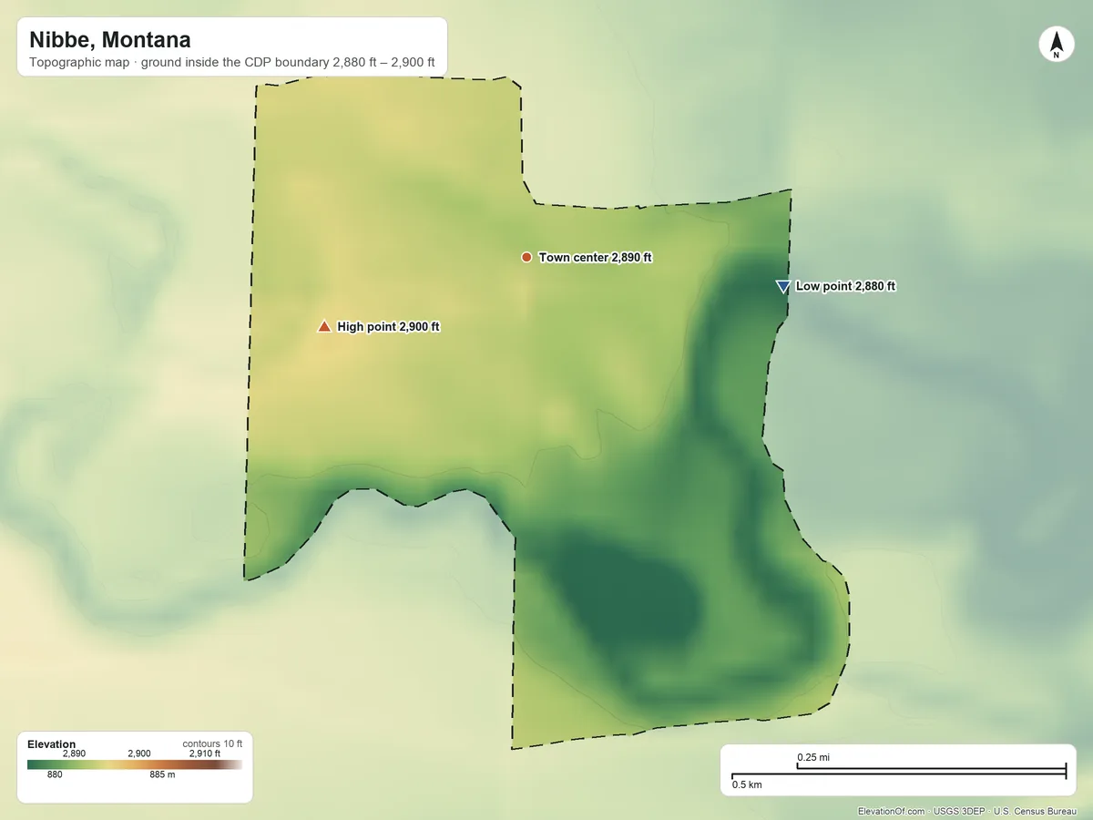 Topographic elevation map of Nibbe, Montana, shaded from 2,880 ft on the east side to 2,900 ft on the west side