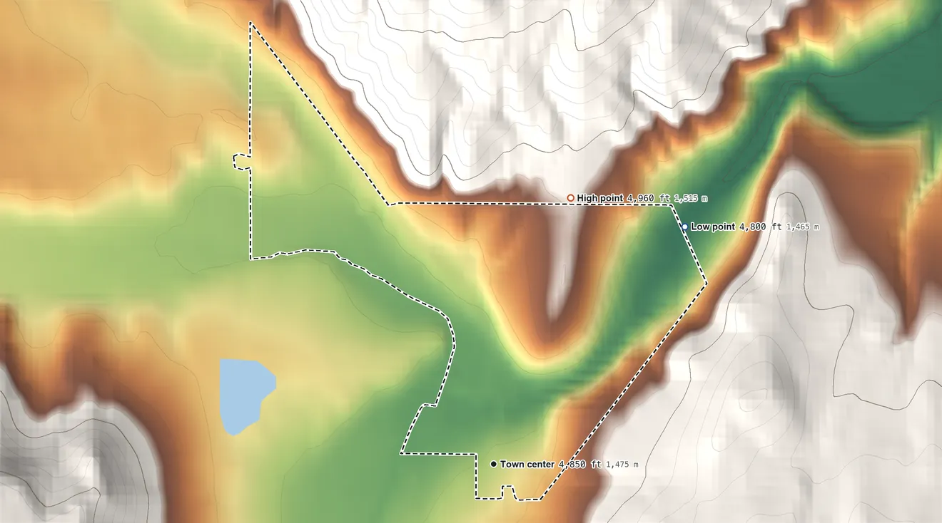 Topographic elevation map of Norris, Montana, shaded from 4,800 ft on the northeast side to 4,960 ft at the foot of the Tobacco Root Mountains