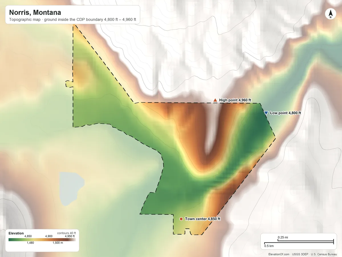 Topographic elevation map of Norris, Montana, shaded from 4,800 ft on the northeast side to 4,960 ft at the foot of the Tobacco Root Mountains