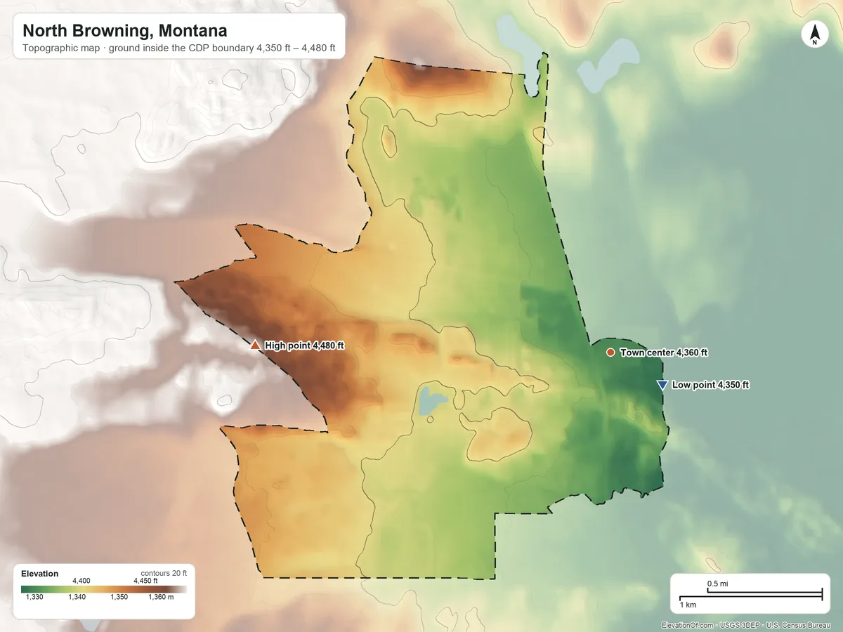 Topographic elevation map of North Browning, Montana, shaded from 4,350 ft near the middle to 4,480 ft on the west side