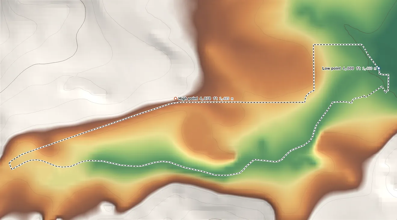 Topographic elevation map of Nye, Montana, shaded from 4,800 ft on the northeast side to 4,870 ft at the foot of the Granite Range