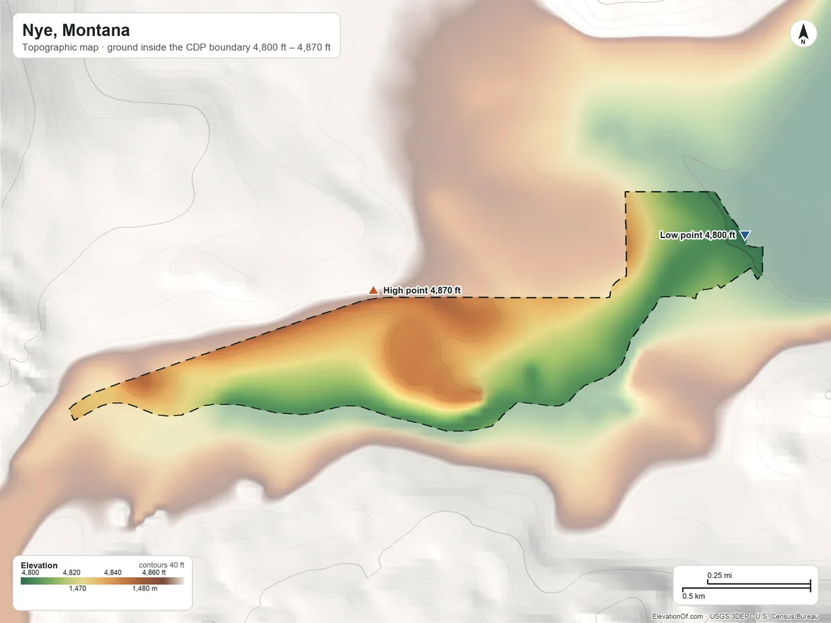 Topographic elevation map of Nye, Montana, shaded from 4,800 ft on the northeast side to 4,870 ft at the foot of the Granite Range
