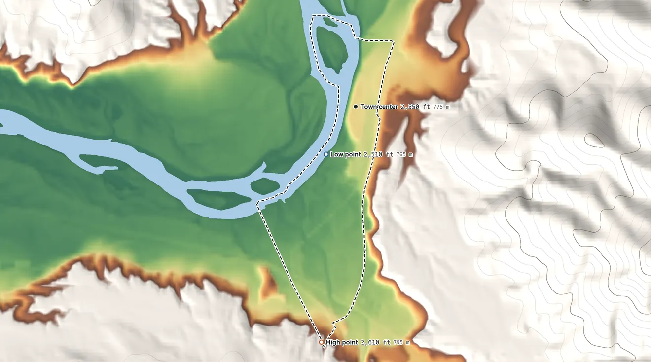 Topographic elevation map of Old Agency, Montana, shaded from 2,510 ft on the southwest side to 2,610 ft on the south edge, below higher ground just outside