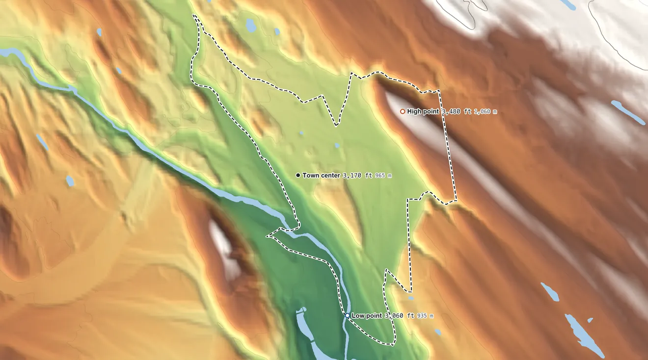 Topographic elevation map of Olney, Montana, shaded from 3,060 ft on the south side to 3,480 ft at the foot of the Smoky Range