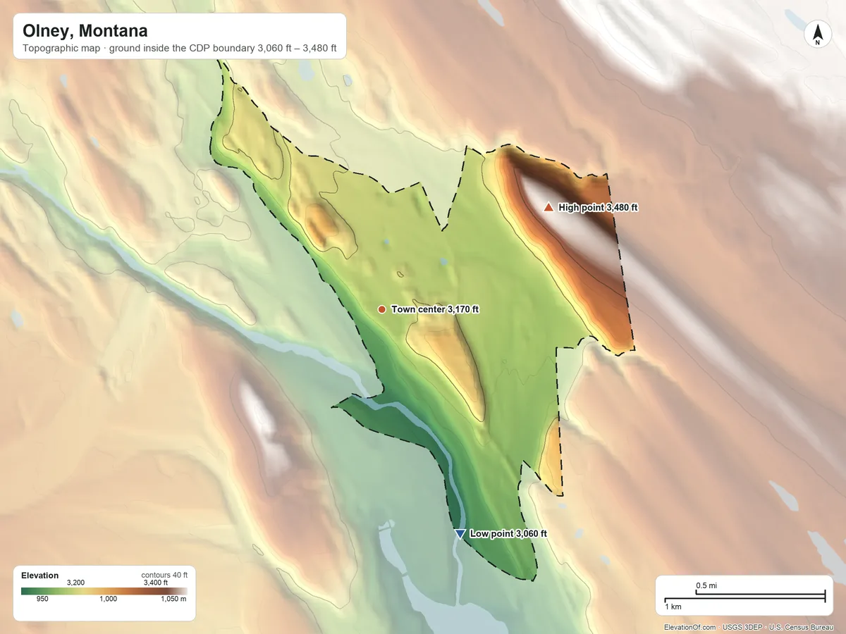 Topographic elevation map of Olney, Montana, shaded from 3,060 ft on the south side to 3,480 ft at the foot of the Smoky Range