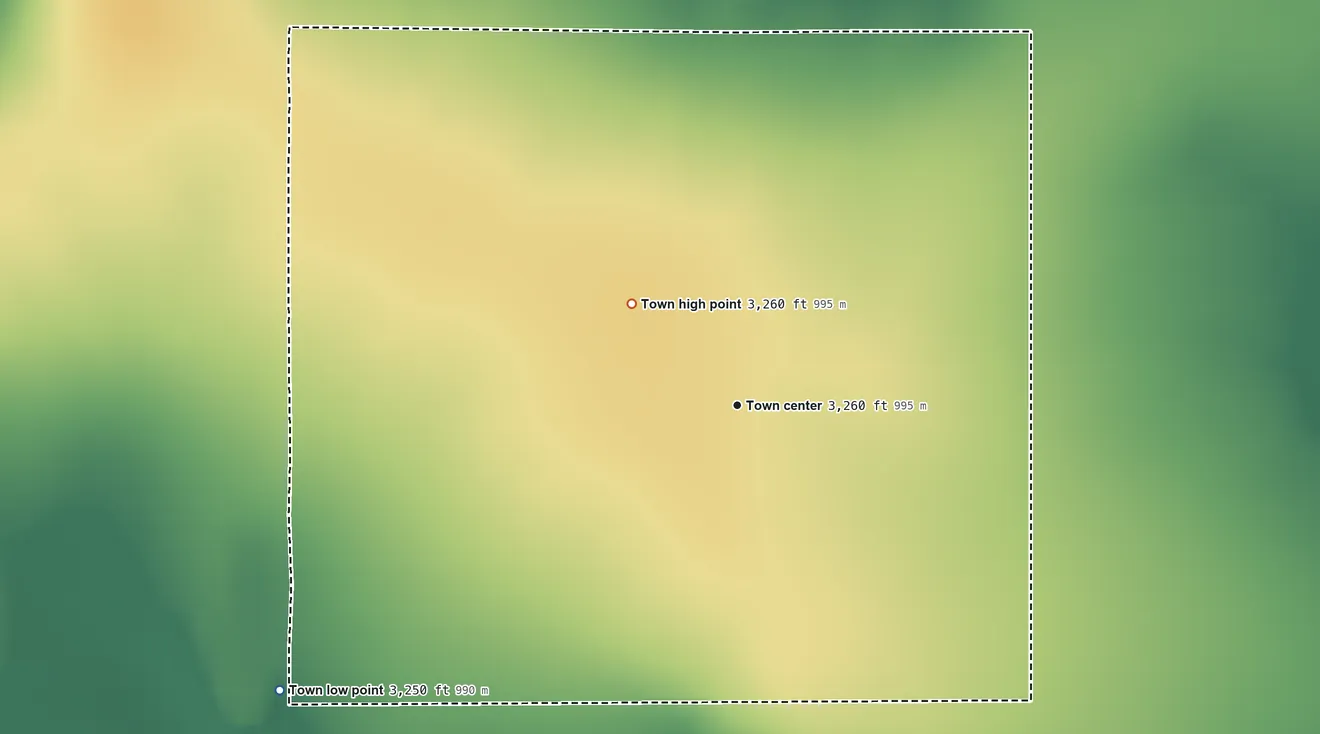Topographic elevation map of Opheim, Montana, shaded from 3,250 ft on the southwest side to 3,260 ft on the northwest side