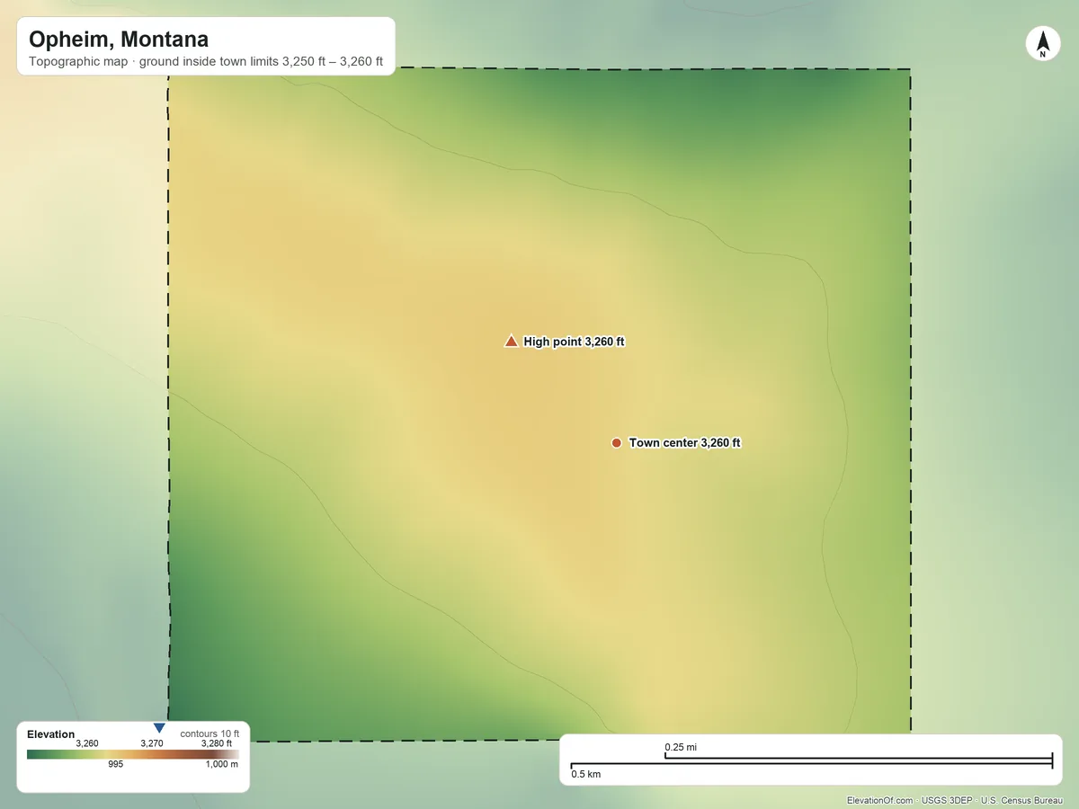 Topographic elevation map of Opheim, Montana, shaded from 3,250 ft on the southwest side to 3,260 ft on the northwest side