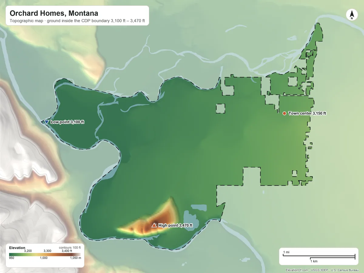 Topographic elevation map of Orchard Homes, Montana, shaded from 3,100 ft on the west side to 3,470 ft on McCauley Butte