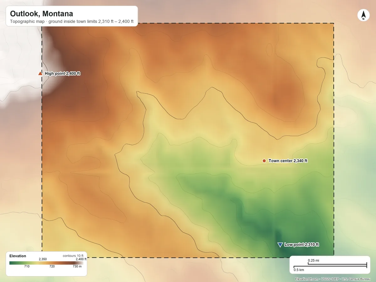 Topographic elevation map of Outlook, Montana, shaded from 2,310 ft on the south side to 2,400 ft on the west side