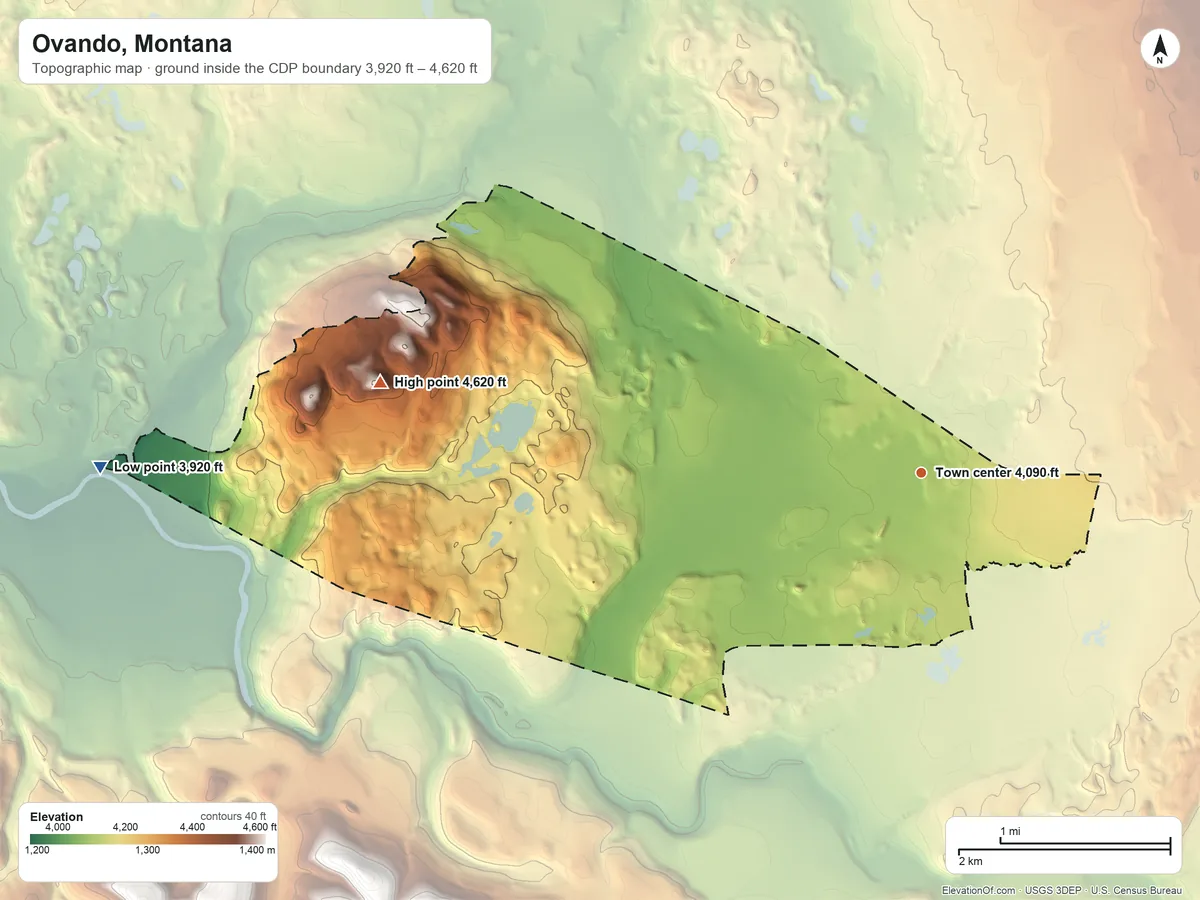 Topographic elevation map of Ovando, Montana, shaded from 3,920 ft on the west side to 4,620 ft on the west side