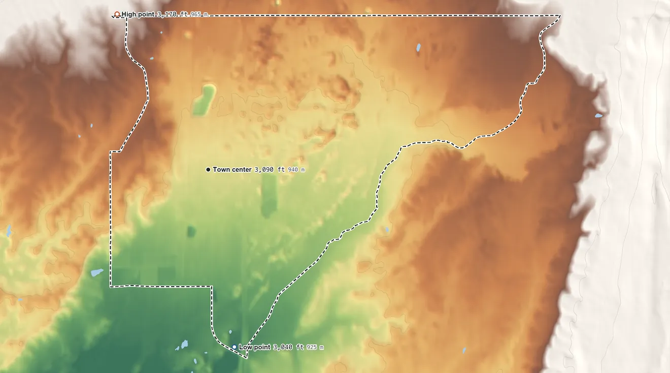 Topographic elevation map of Pablo, Montana, shaded from 3,040 ft on the south side to 3,170 ft on the northwest side