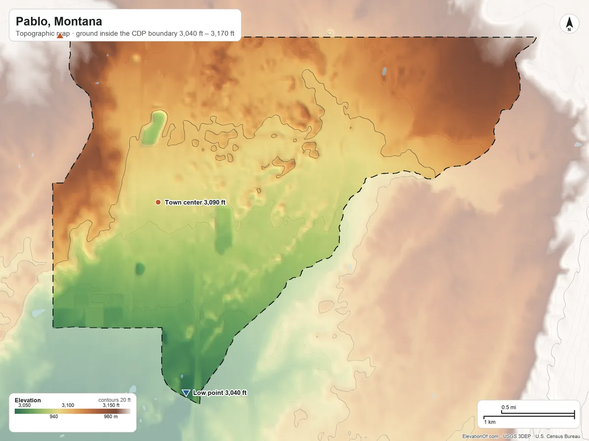 Topographic elevation map of Pablo, Montana, shaded from 3,040 ft on the south side to 3,170 ft on the northwest side