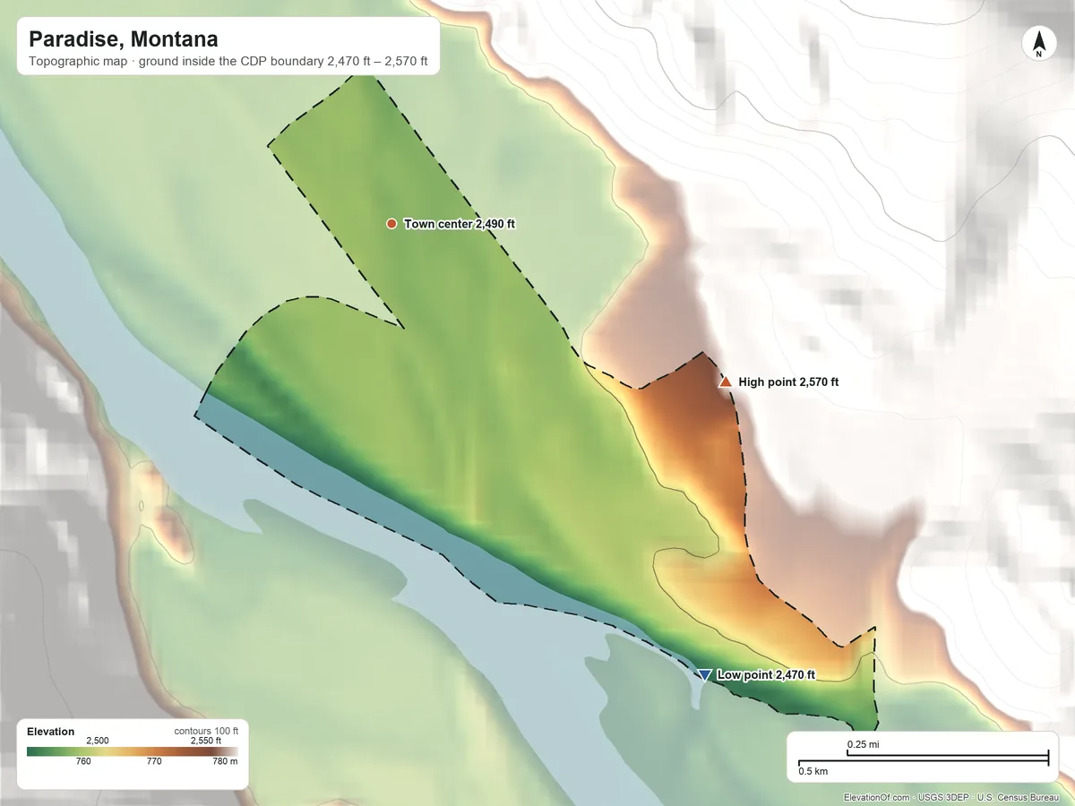 Topographic elevation map of Paradise, Montana, shaded from 2,470 ft on the southeast side to 2,570 ft on the southeast edge, below higher ground just outside