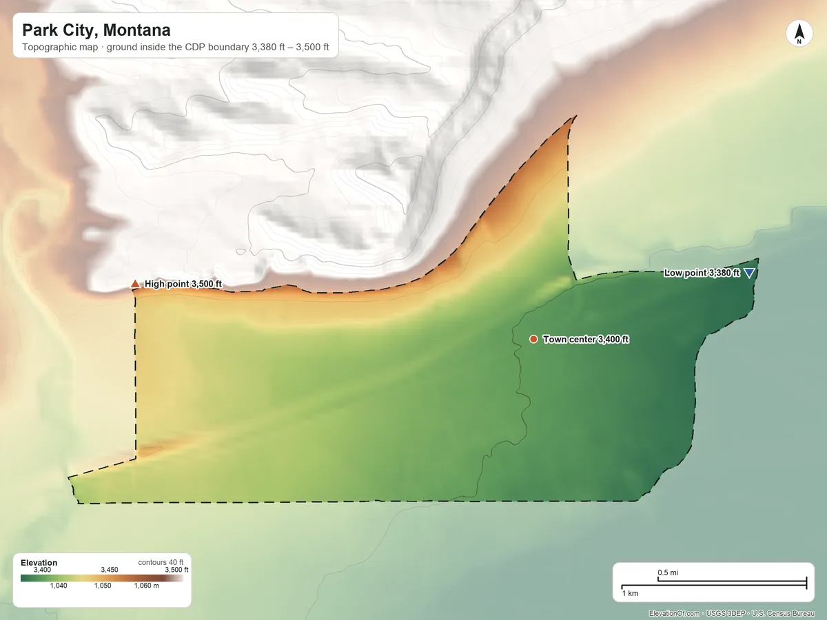 Topographic elevation map of Park City, Montana, shaded from 3,380 ft on the east side to 3,500 ft on the west edge, below higher ground just outside