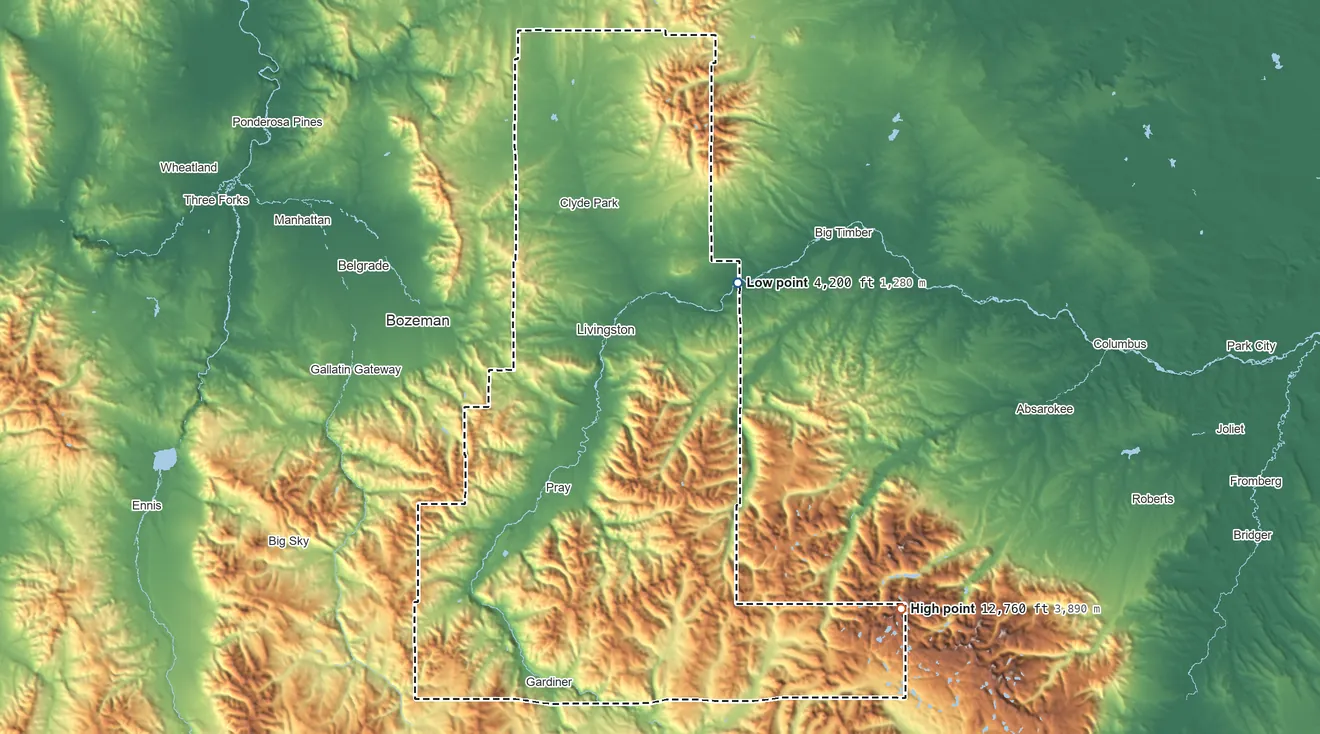 Topographic elevation map of Park County, Montana, shaded from 4,200 ft on the northeast side to 12,760 ft on Granite Peak