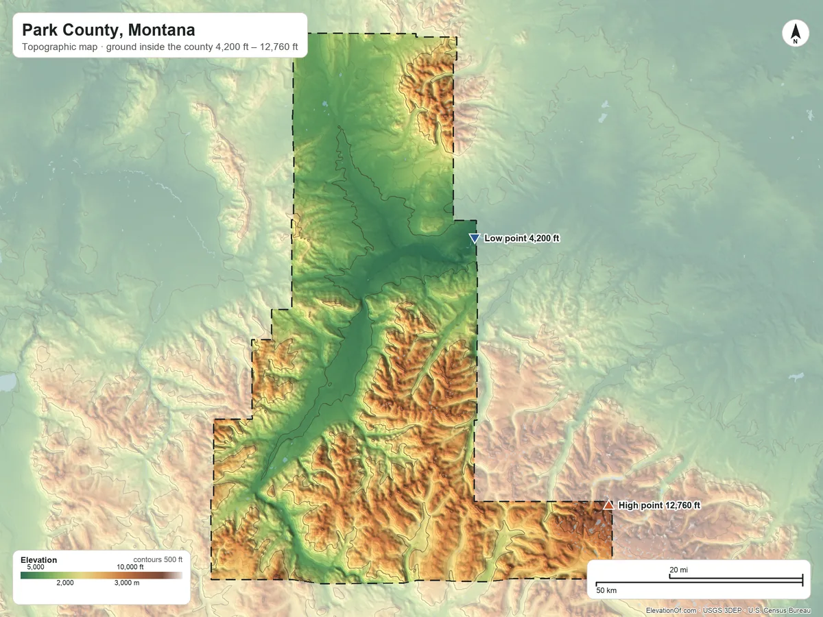 Topographic elevation map of Park County, Montana, shaded from 4,200 ft on the northeast side to 12,760 ft on Granite Peak