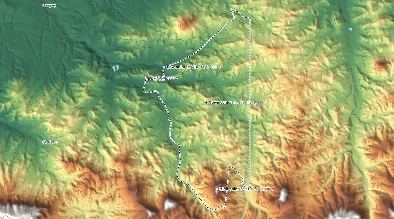 Topographic elevation map of Parker School, Montana, shaded from 3,710 ft on the northwest side to 5,210 ft on Parker Butte