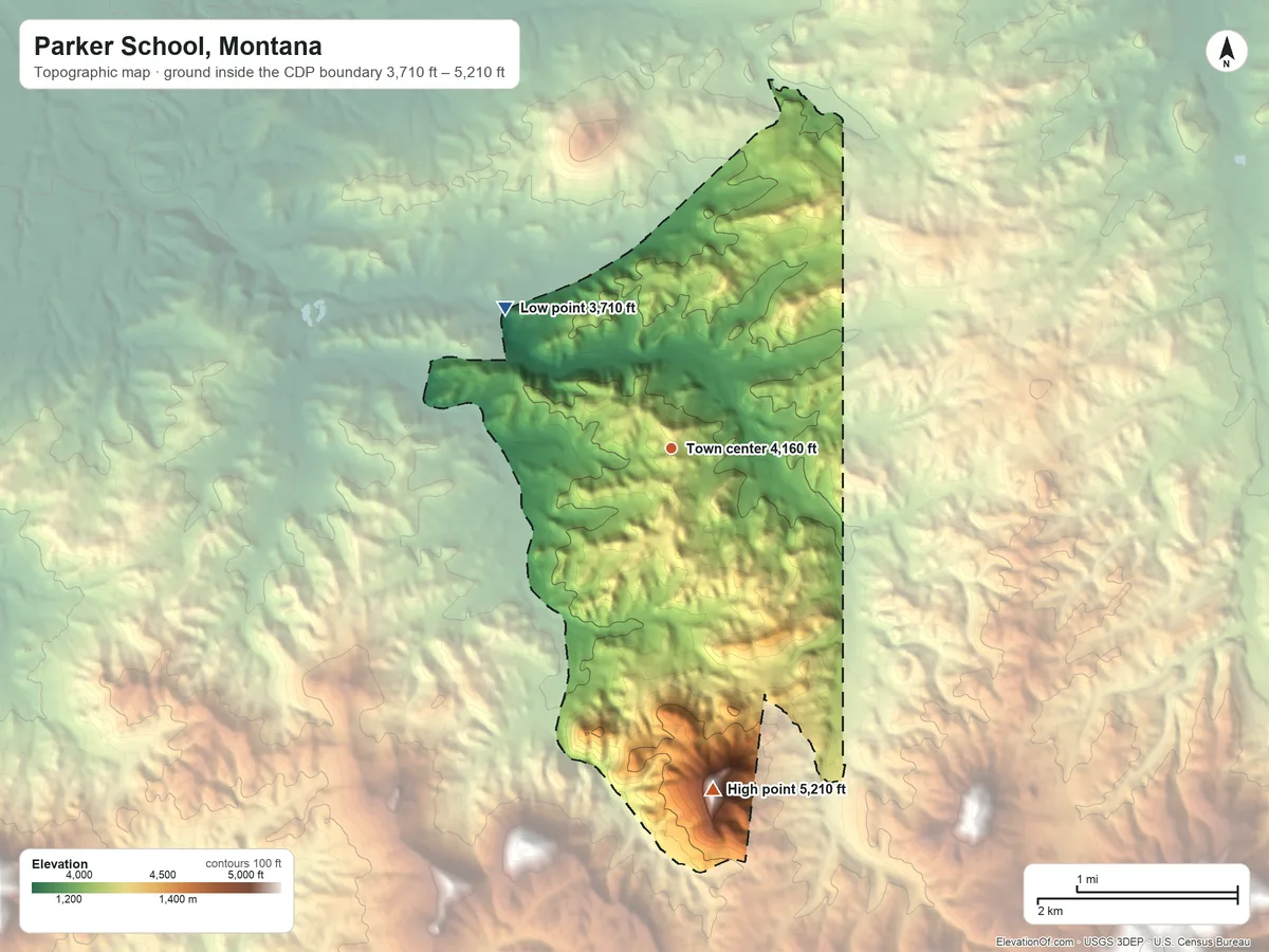 Topographic elevation map of Parker School, Montana, shaded from 3,710 ft on the northwest side to 5,210 ft on Parker Butte