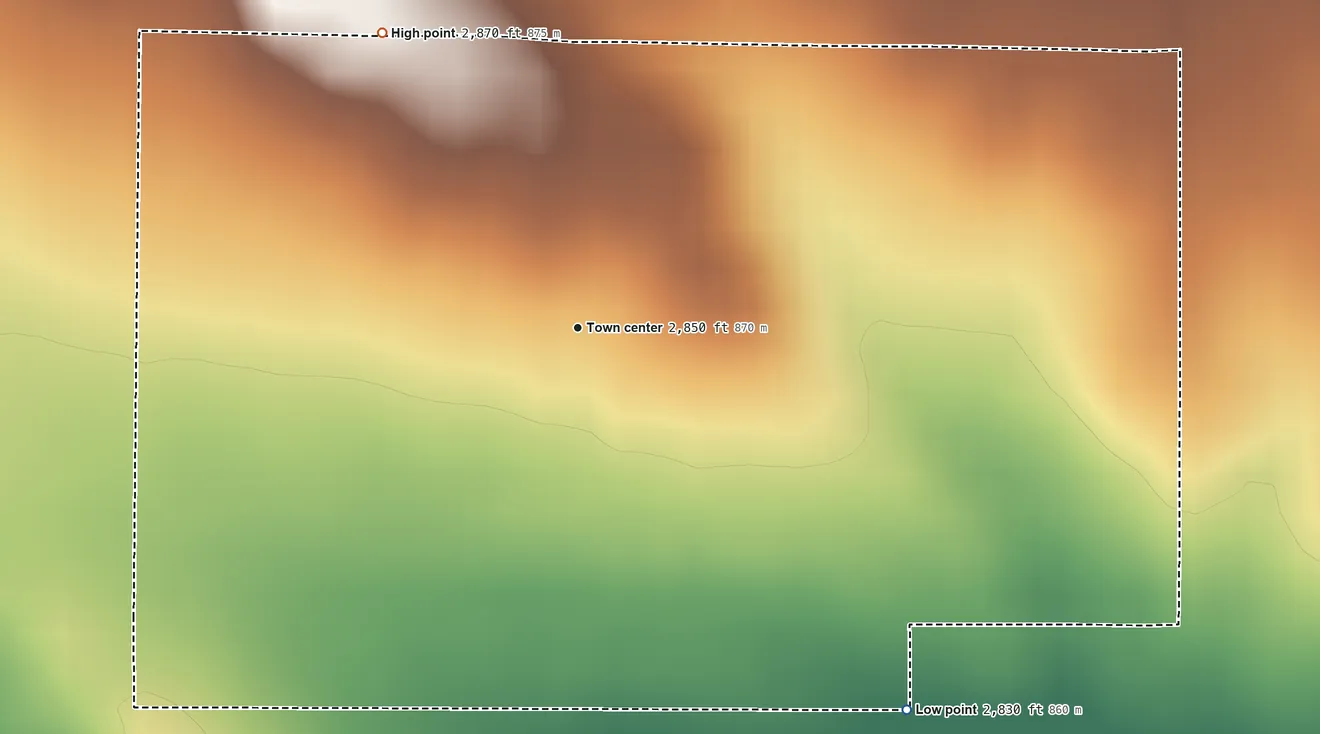 Topographic elevation map of Peerless, Montana, shaded from 2,830 ft on the southeast side to 2,870 ft on the northwest side