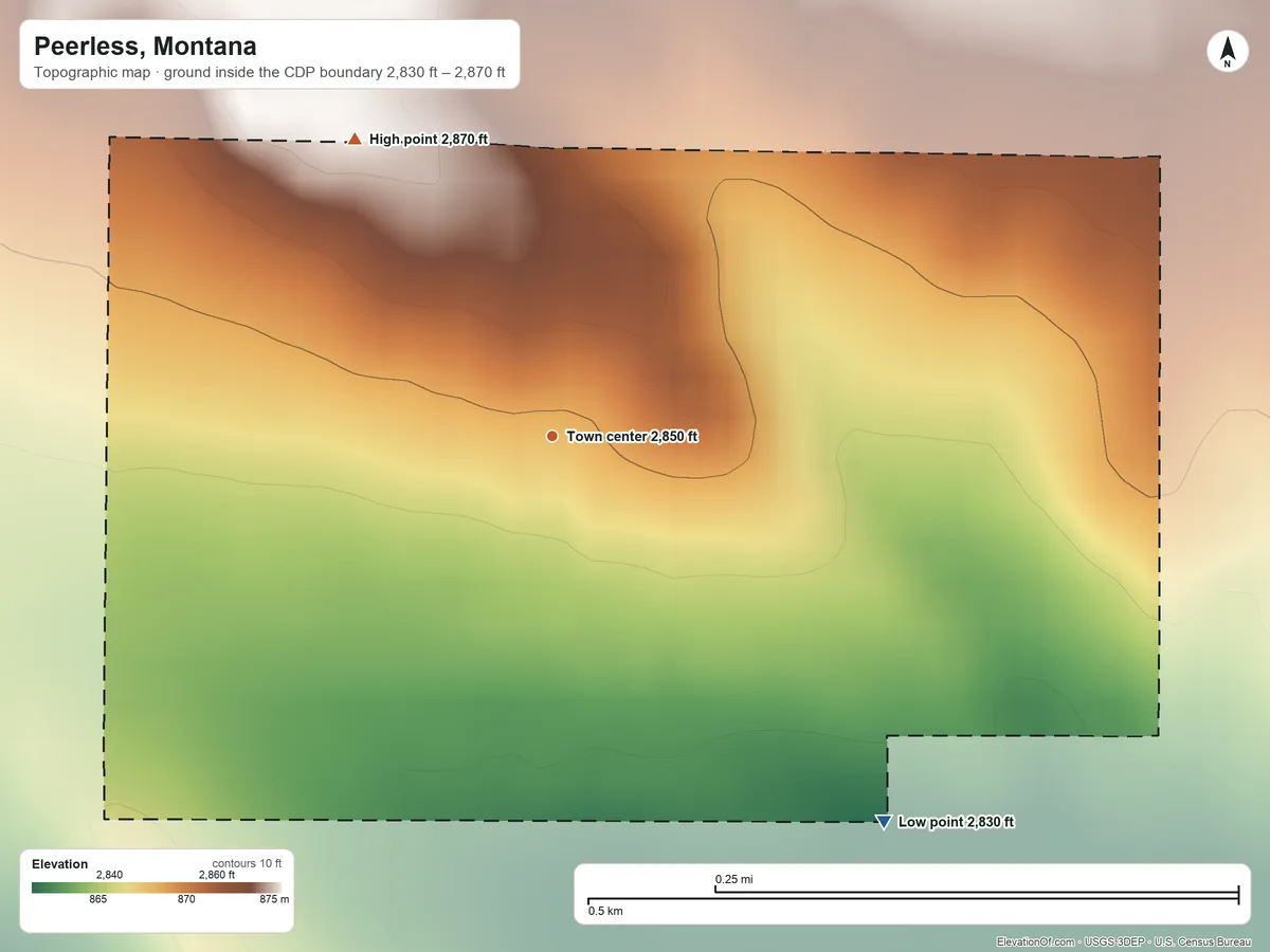 Topographic elevation map of Peerless, Montana, shaded from 2,830 ft on the southeast side to 2,870 ft on the northwest side