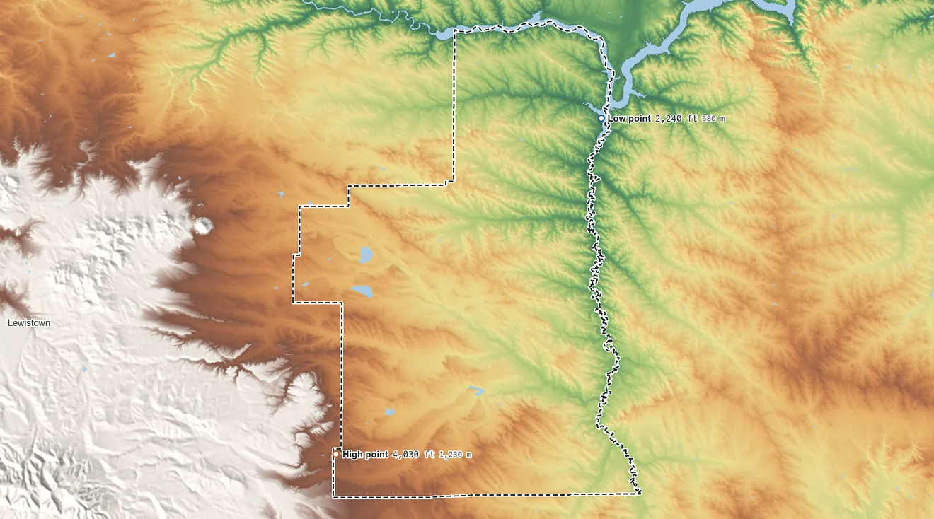 Topographic elevation map of Petroleum County, Montana, shaded from 2,240 ft on the northeast side to 4,030 ft on the southwest side