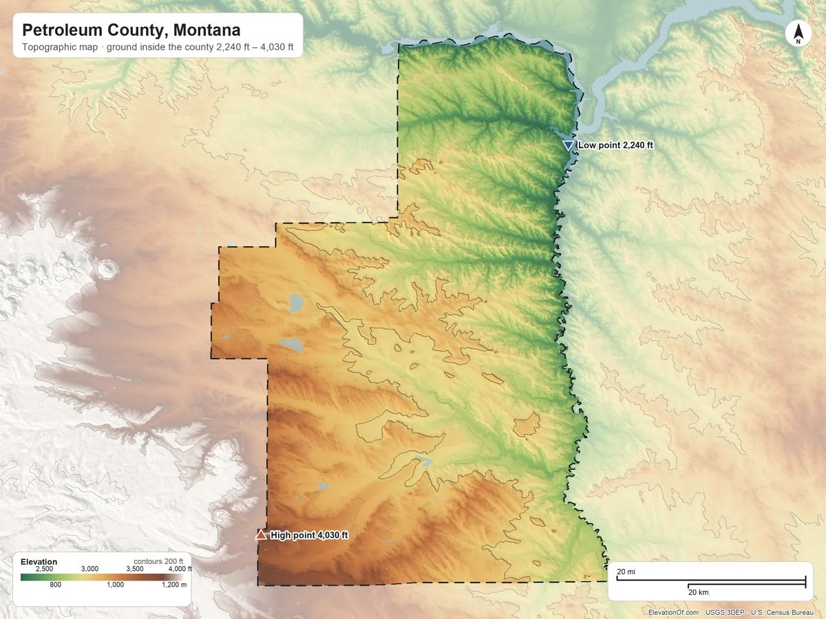 Topographic elevation map of Petroleum County, Montana, shaded from 2,240 ft on the northeast side to 4,030 ft on the southwest side