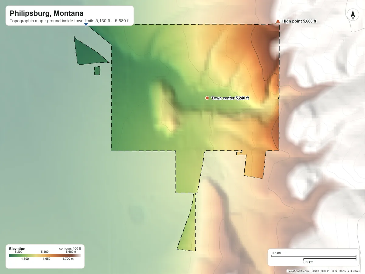 Topographic elevation map of Philipsburg, Montana, shaded from 5,130 ft on the northwest side to 5,680 ft at the foot of the John Long Mountains