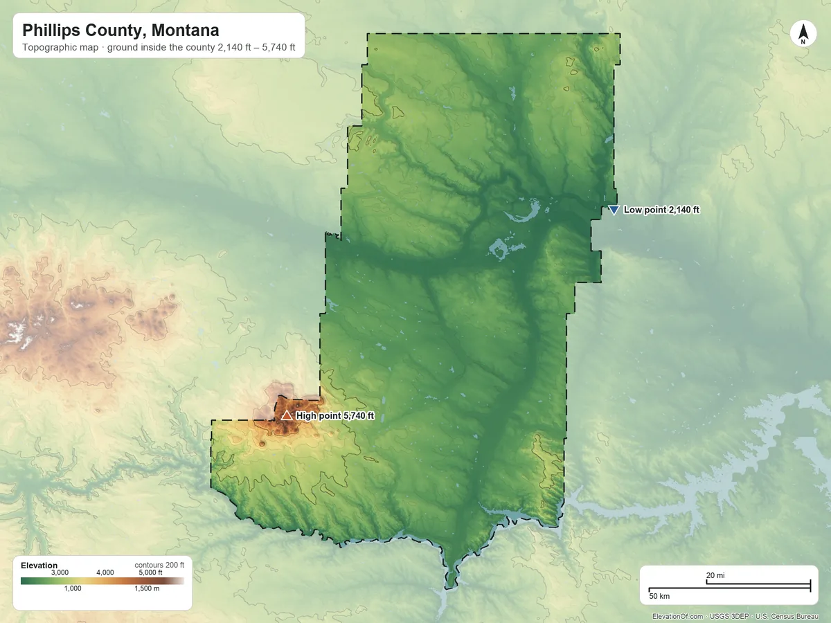Topographic elevation map of Phillips County, Montana, shaded from 2,140 ft on the northeast side to 5,740 ft on Antoine Butte