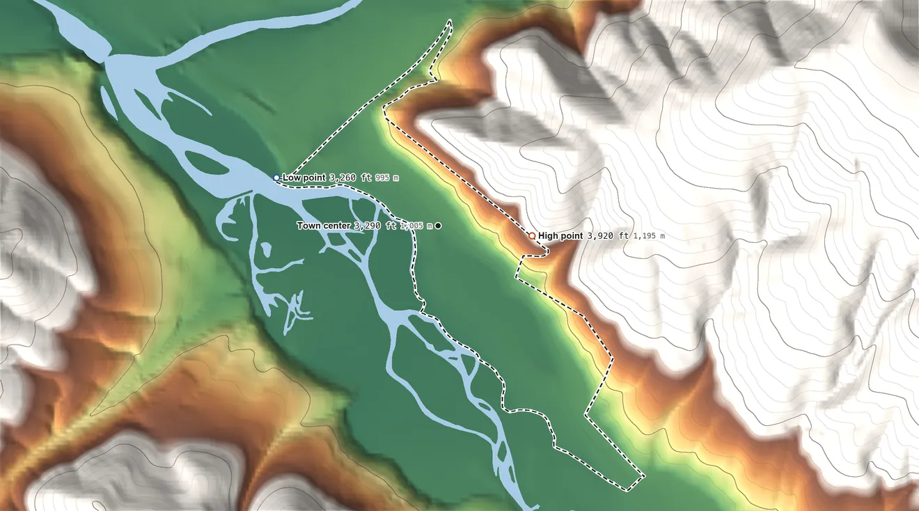 Topographic elevation map of Piltzville, Montana, shaded from 3,260 ft on the west side to 3,920 ft at the foot of the South Hills