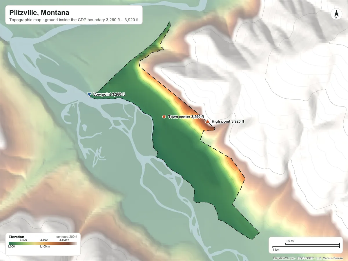 Topographic elevation map of Piltzville, Montana, shaded from 3,260 ft on the west side to 3,920 ft at the foot of the South Hills