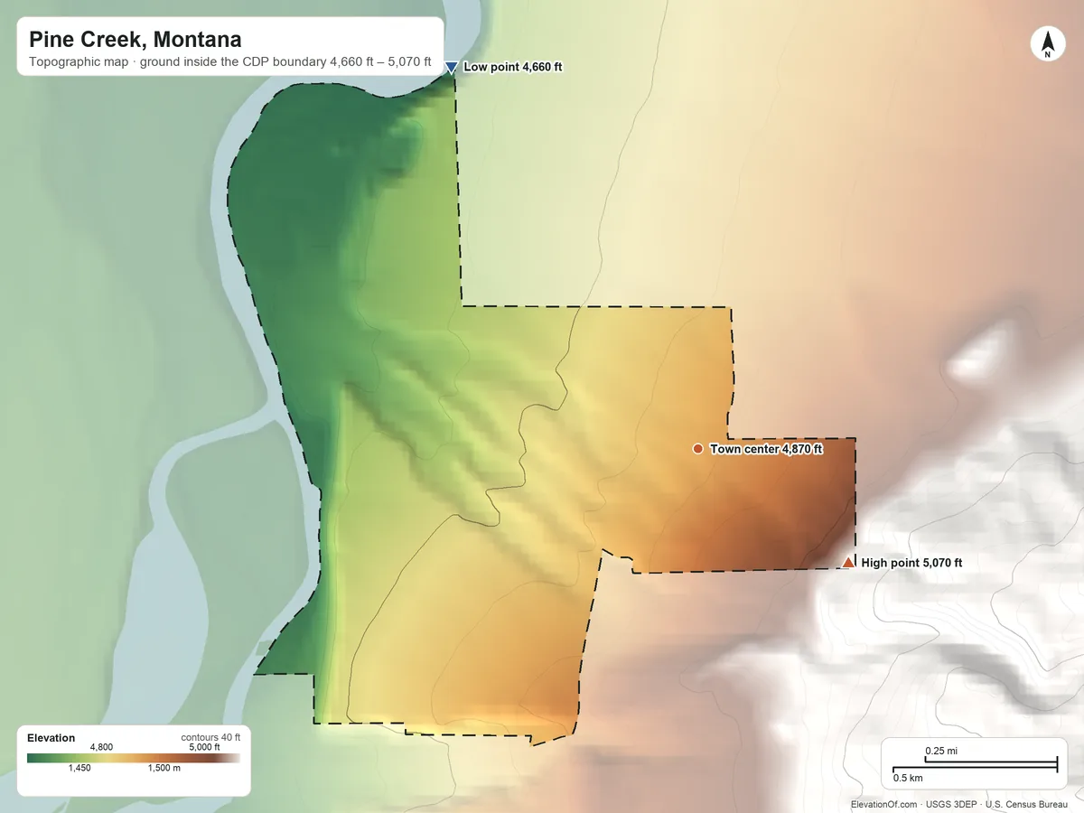 Topographic elevation map of Pine Creek, Montana, shaded from 4,660 ft on the northwest side to 5,070 ft on the southeast edge, below higher ground just outside