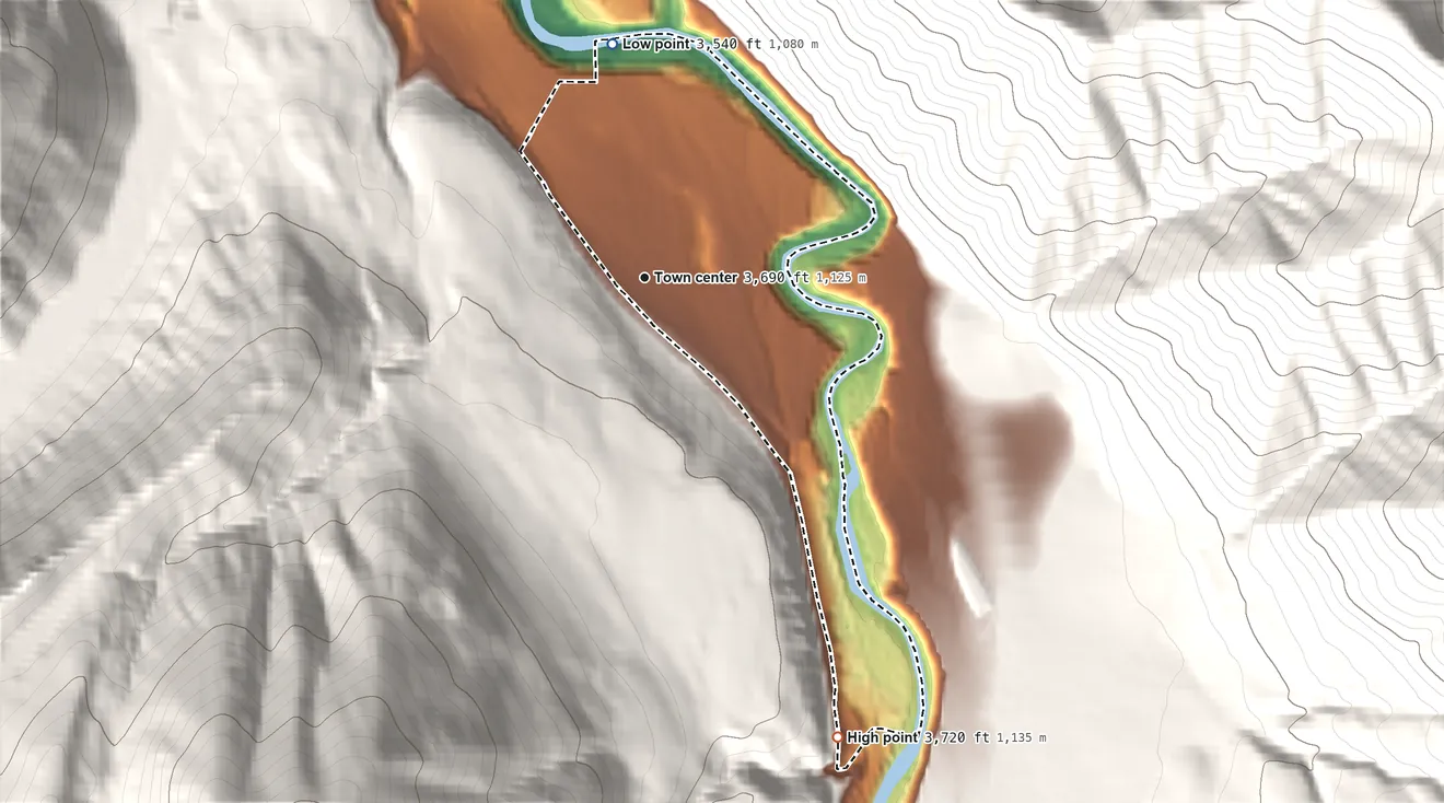 Topographic elevation map of Pinnacle, Montana, shaded from 3,540 ft on the north side to 3,720 ft at the foot of the Flathead Range