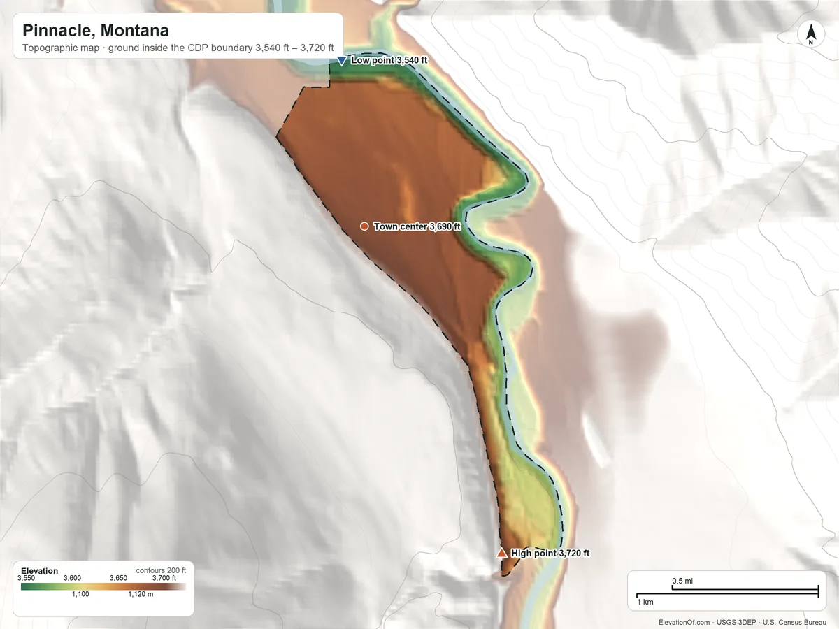 Topographic elevation map of Pinnacle, Montana, shaded from 3,540 ft on the north side to 3,720 ft at the foot of the Flathead Range