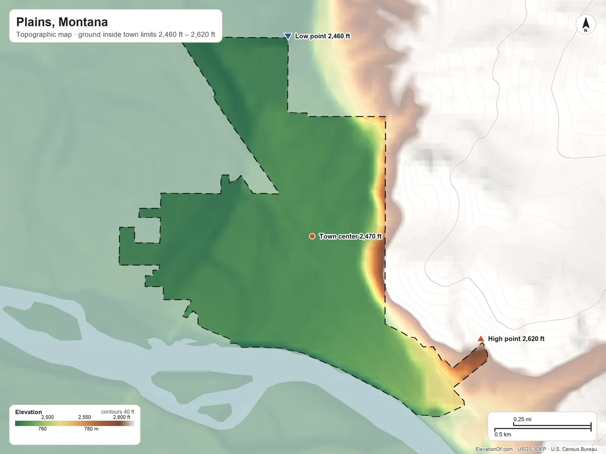Topographic elevation map of Plains, Montana, shaded from 2,460 ft on the north side to 2,620 ft at the foot of the Coeur d'Alene Mountains