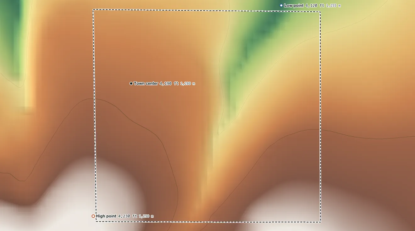 Topographic elevation map of Pleasant Valley Colony, Montana, shaded from 4,120 ft on the northeast side to 4,230 ft on the south side
