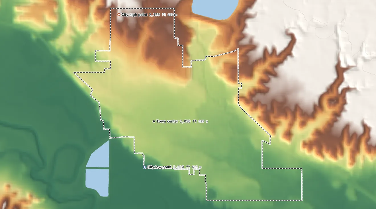 Topographic elevation map of Plentywood, Montana, shaded from 2,010 ft on the south side to 2,160 ft on the north side