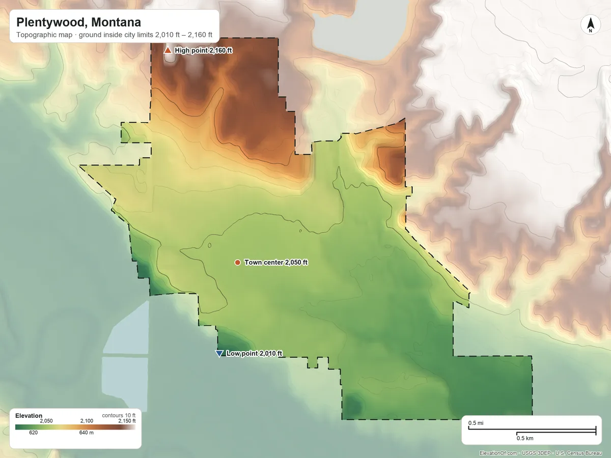 Topographic elevation map of Plentywood, Montana, shaded from 2,010 ft on the south side to 2,160 ft on the north side