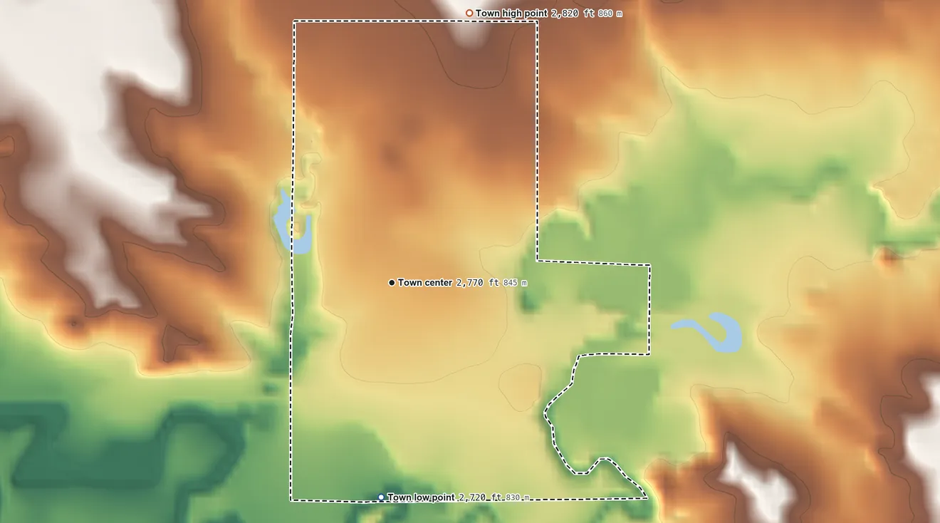Topographic elevation map of Plevna, Montana, shaded from 2,720 ft on the south side to 2,820 ft on the north side