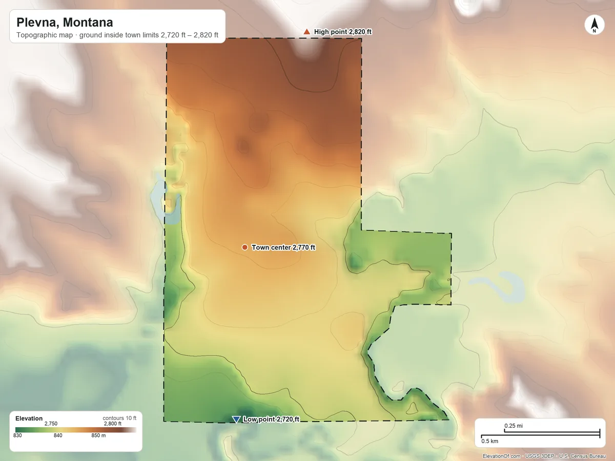 Topographic elevation map of Plevna, Montana, shaded from 2,720 ft on the south side to 2,820 ft on the north side