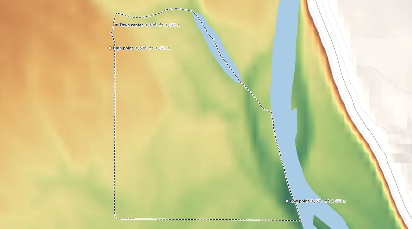 Topographic elevation map of Polebridge, Montana, shaded from 3,520 ft on the southeast side to 3,530 ft at the foot of the Whitefish Range