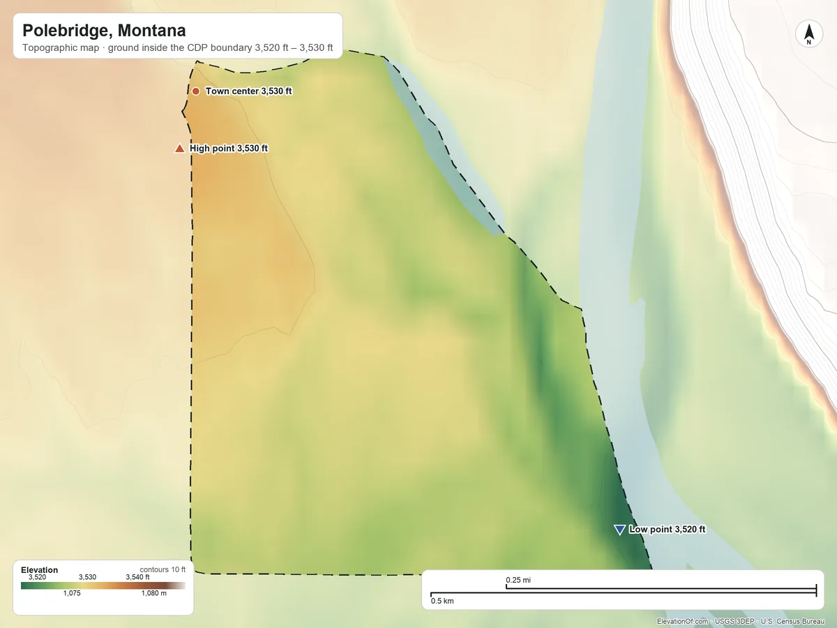 Topographic elevation map of Polebridge, Montana, shaded from 3,520 ft on the southeast side to 3,530 ft at the foot of the Whitefish Range