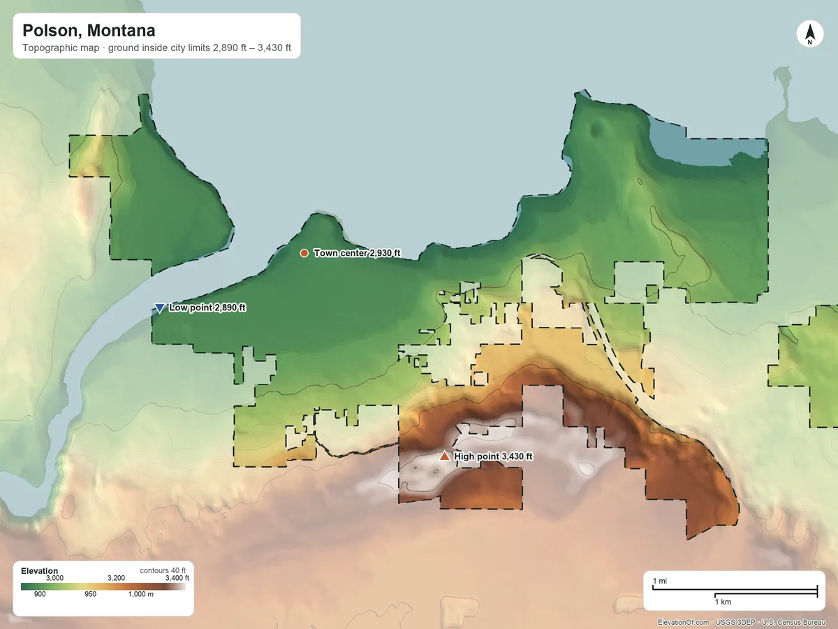Topographic elevation map of Polson, Montana, shaded from 2,890 ft on the west side to 3,430 ft on the southeast side