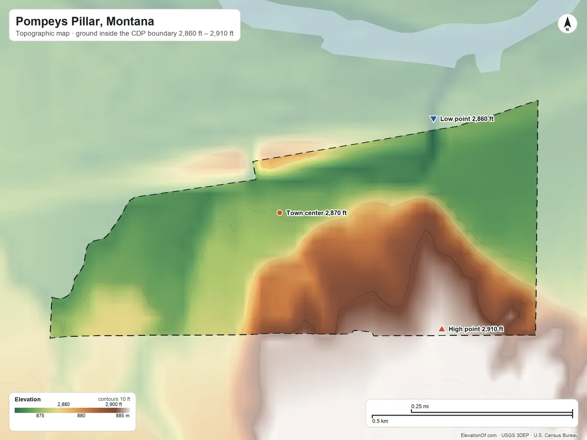 Topographic elevation map of Pompeys Pillar, Montana, shaded from 2,860 ft on the northeast side to 2,910 ft on the southeast side
