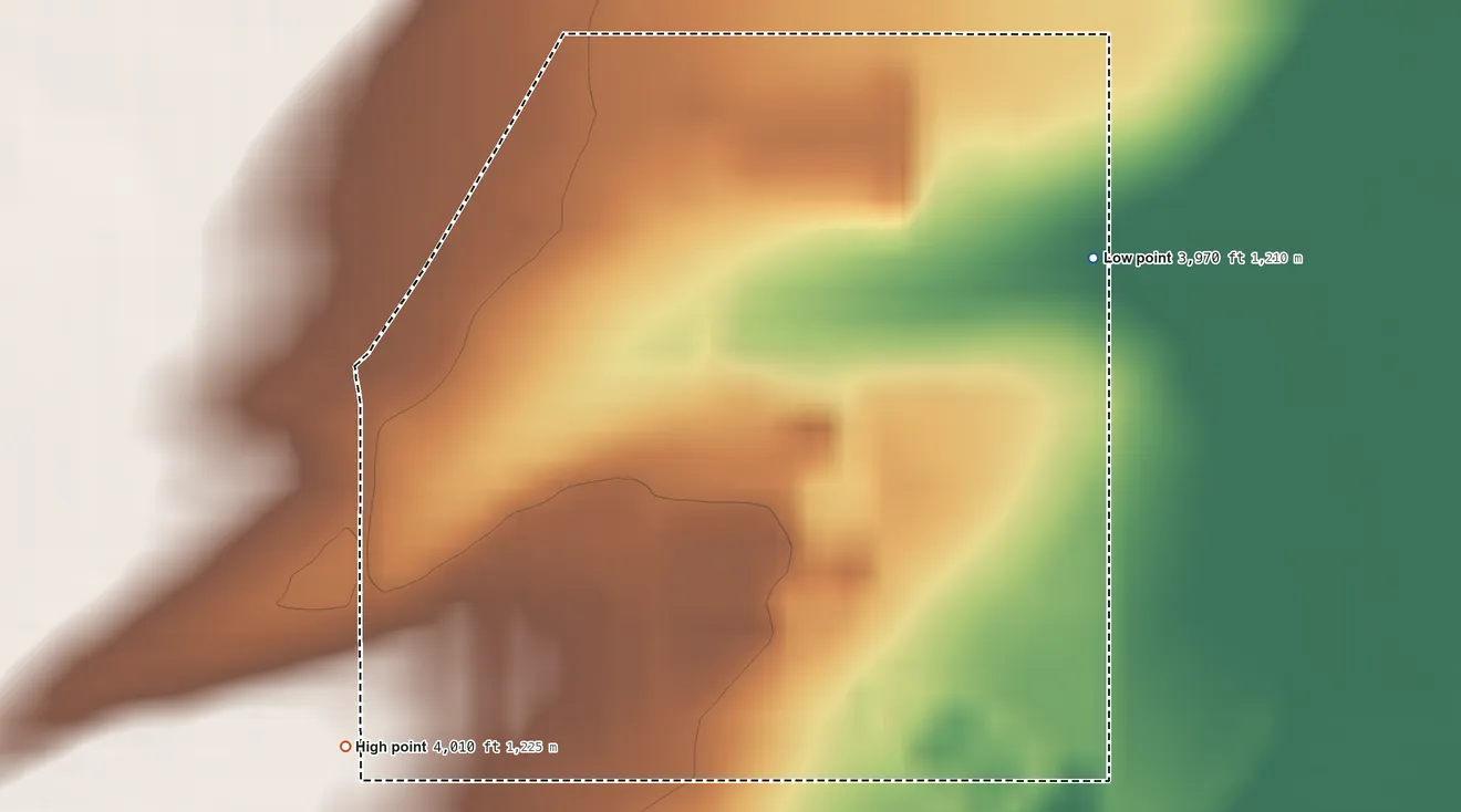 Topographic elevation map of Pondera Colony, Montana, shaded from 3,970 ft on the northeast side to 4,010 ft on the southwest side