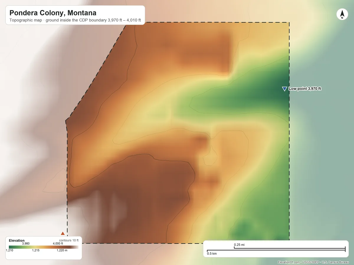 Topographic elevation map of Pondera Colony, Montana, shaded from 3,970 ft on the northeast side to 4,010 ft on the southwest side