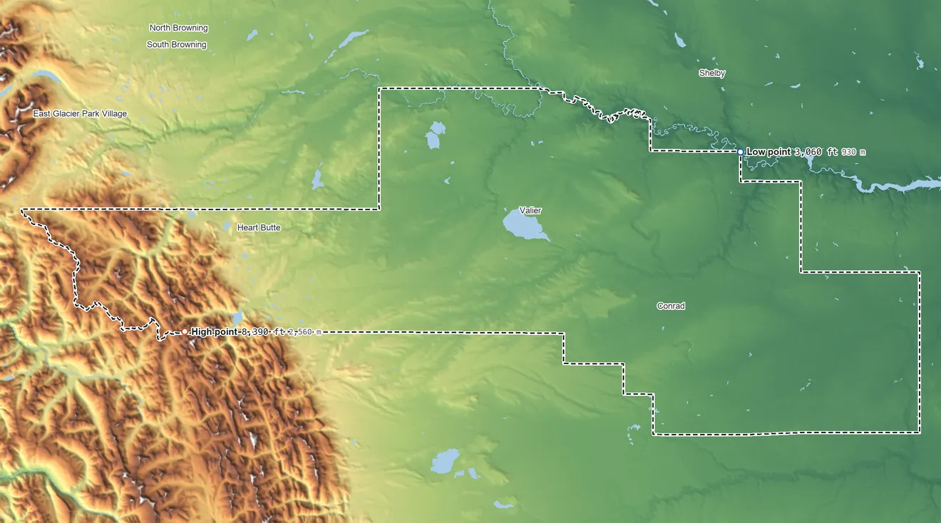 Topographic elevation map of Pondera County, Montana, shaded from 3,060 ft on the east side to 8,390 ft on the west side