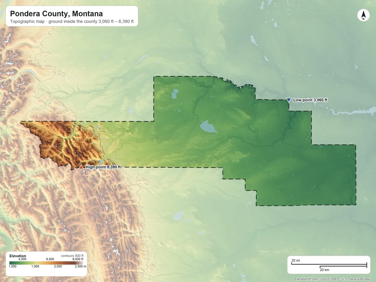 Topographic elevation map of Pondera County, Montana, shaded from 3,060 ft on the east side to 8,390 ft on the west side